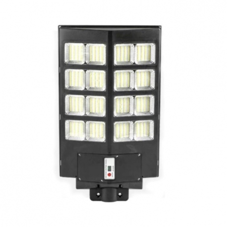 Pentru Casa si Camping - Lampa solara stradala Flippy, cu telecomanda, senzor de miscare si lumina, suport prindere, 640 LED-uri, IP65, ABS, 20AH, 400W, temperatura culoare 6500K, 59.7x34.8x7.2 cm, autonomie 10-12 ore, negru