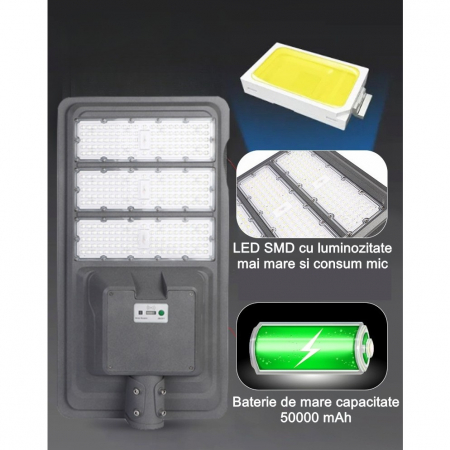 Lampa solara stradala Flippy, IP65, senzor de lumina, 510 LED-uri SMD, 5000 lm, panou 53W, putere 500W, autonomie 12-16 ore, telecomanda, montare prin fixare, pentru strada sau gradina, finisaj mat, m [1]