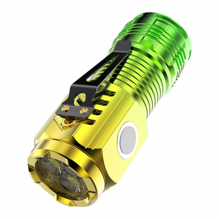 Lanterne - Lichidare Lanterna cu 3 Nuclee Led, Flippy, Incarcare USB, Autonomie 4-20h, Raza Maxima 100-200 m, 5W, 4 x 4 x 9 cm, Suport de Agatat, Fund Magnetic, Galben/Verde