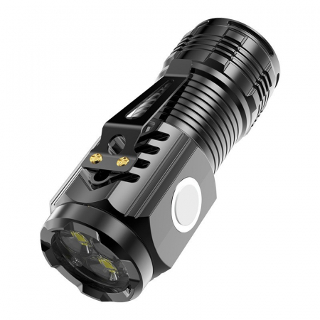 Pentru Casa si Camping - Lanterna cu 3 Nuclee Led, Flippy, Incarcare USB, Autonomie 4-20h, Raza Maxima 100-200 m, 5W, 4 x 4 x 9 cm, Suport de Agatat, Fund Magnetic, Negru