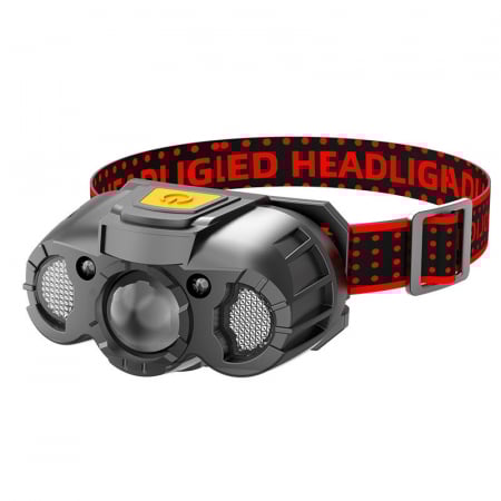 Lanterne - Lanterna LED de Cap, Flippy, cu Suport Inclus, Incarcare USB Tip C, Raza 100-200m, 5W, 6 Trepte de Lumina, 400 mAh, Gri