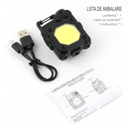* LICHIDARE STOC * Lanterna Mini de Buzunar Tip Breloc, Flippy, Incarcare prin USB Type C, Multifunctionala, pentru Exterior, Camping, Alpinism, Ciclism, Mini Lanterna Elvis, 6.1 x 5 x 2.5 cm, Lumina  [2]