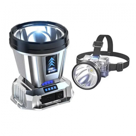 Lanterna Power Bank LED, Flippy, cu Suport pentru Cap, Incarcare USB, Raza 100-200m, 5W, 3 Trepte de Lumina, Afisaj Baterie, Argintiu [1]