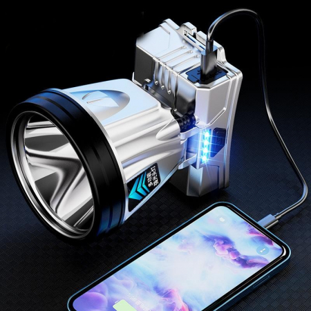 Lichidare Lanterna Power Bank LED, Flippy, cu Suport pentru Cap, Incarcare USB, Raza 100-200m, 5W, 3 Trepte de Lumina, Afisaj Baterie, Argintiu - [4]