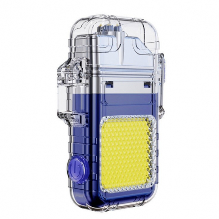 Pentru Casa si Camping - Lanterna Tip Breloc cu Bricheta, Flippy, Impermeabila, 3 Moduri Iluminare, 300 mAh, Incarcare USB-C, COB, Raza de Actiune 50 - 100 m, 7.4 x 4.9 x 1.7 cm, Albastru
