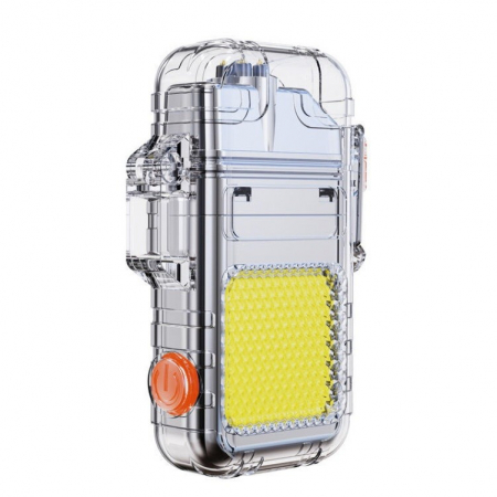 Pentru Casa si Camping - Lanterna Tip Breloc cu Bricheta, Flippy, Impermeabila, 3 Moduri Iluminare, 300 mAh, Incarcare USB-C, COB, Raza de Actiune 50 - 100 m, 7.4 x 4.9 x 1.7 cm, Argintiu