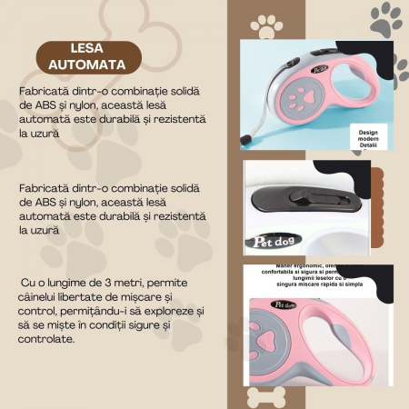 Lesa Automata Retractabila, Flippy, pentru Caini, 3m, 20 kg, ABS/Nylon, Roz/Gri, 8x12x4 cm [3]