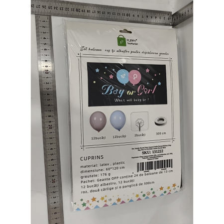 * LICHIDARE STOC * Set Gender Reveal, Flippy, Balloon Drop Bag, din Plastic si Latex, 24 Baloane Roz si Albastru 13 cm, Sac pentru Baloane 60 x 120 cm, Multicolor [5]