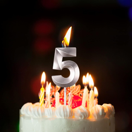 Lumanare Cifra 5, Flippy, Model Diamond, 5 x 3.4 cm, Argintiu [2]