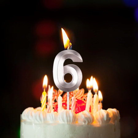 Lumanare Cifra 6, Flippy, Model Diamond, 5 x 3.4 cm, Argintiu [3]