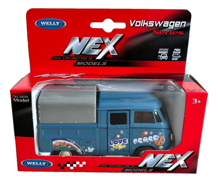 Macheta auto Welly Volkswagen T1 Double Cabin Pick Up, Scara 1:34, Albastru [3]