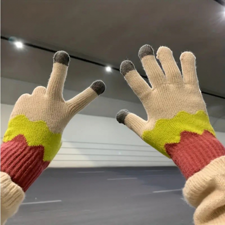 Manusi de Dama, Flippy, Model Ondulat, Functie Touchscreen (ecran tactil), Material Acril Tricotat, Manseta Elastica, Interior Catifelat, Marime Universala, Galben/Roz [5]