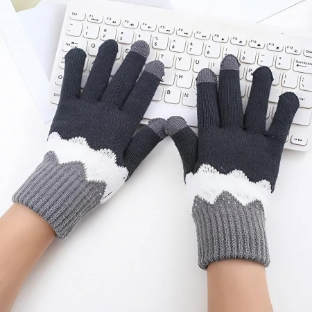 Manusi de Dama, Flippy, Model Ondulat, Functie Touchscreen (ecran tactil), Material Acril Tricotat, Manseta Elastica, Interior Catifelat, Marime Universala, Gri/Alb [2]