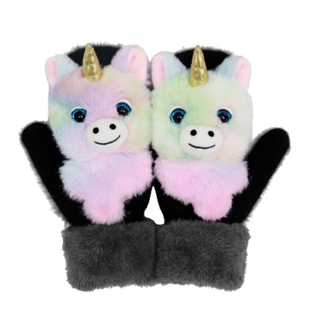 Sub 99 Lei - Manusi pentru Copii, Flippy, din Plus cu Umplutura de Bumbac, Protectie Termica, 24 x 20 x 3 cm, Model Unicorn 3D, Roz/Negru
