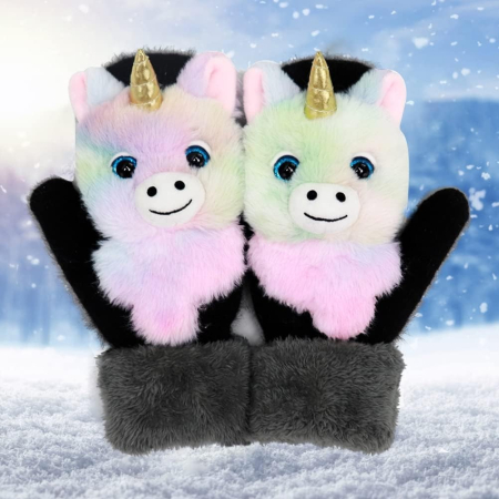 Manusi pentru Copii, Flippy, din Plus cu Umplutura de Bumbac, Protectie Termica, 24 x 20 x 3 cm, Model Unicorn 3D, Roz/Negru [4]