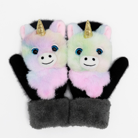 Manusi pentru Copii, Flippy, din Plus cu Umplutura de Bumbac, Protectie Termica, 24 x 20 x 3 cm, Model Unicorn 3D, Roz/Negru [1]