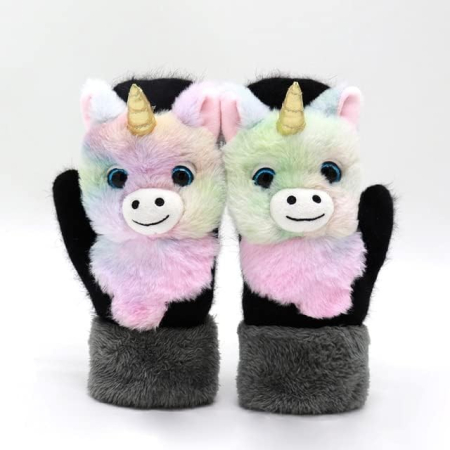 Manusi pentru Copii, Flippy, din Plus cu Umplutura de Bumbac, Protectie Termica, 24 x 20 x 3 cm, Model Unicorn 3D, Roz/Negru [2]