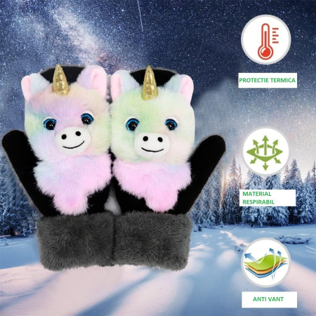 Manusi pentru Copii, Flippy, din Plus cu Umplutura de Bumbac, Protectie Termica, 24 x 20 x 3 cm, Model Unicorn 3D, Roz/Negru [3]