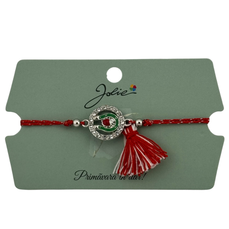 Sub 99 Lei - Martisor Bratara Ciucure, Jolie, Snur Rosu Reglabil, cu Pandantiv, Model Cerc Potcoava Buburuza