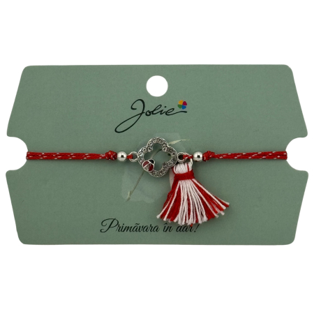 Martisor Bratara Ciucure, Jolie, Snur Rosu Reglabil, cu Pandantiv, Model Floare-Buburuza [2]