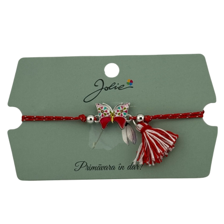 Martisor Bratara Ciucure, Jolie, Snur Rosu Reglabil, cu Pandantiv, Model Fluture [2]