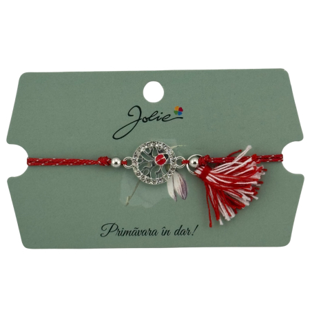 Sub 99 Lei - Martisor Bratara Ciucure, Jolie, Snur Rosu Reglabil, Model Buburuza, Argintie