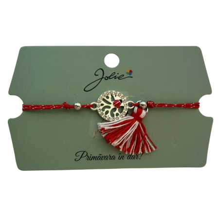 Martisor Bratara Ciucure, Jolie, Snur Rosu Reglabil, Model Buburuza, Argintie [3]
