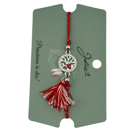 Martisor Bratara Ciucure, Jolie, Snur Rosu Reglabil, Model Buburuza, Argintie [2]