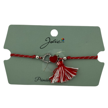 Sub 99 Lei - Martisor Bratara Ciucure, Jolie, Snur Rosu Reglabil, Model Doua Inimi, Argintiu-Rosu