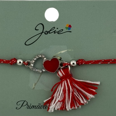 Martisor Bratara Ciucure, Jolie, Snur Rosu Reglabil, Model Doua Inimi, Argintiu-Rosu [1]