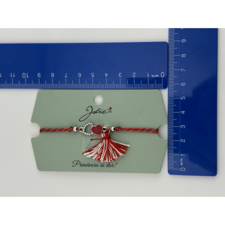 Martisor Bratara Ciucure, Jolie, Snur Rosu Reglabil, Model Doua Inimi, Argintiu-Rosu [3]