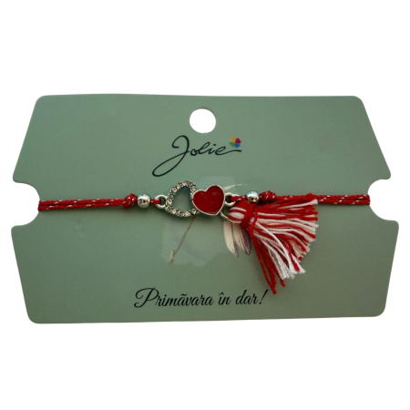 Martisor Bratara Ciucure, Jolie, Snur Rosu Reglabil, Model Doua Inimi, Argintiu-Rosu [2]