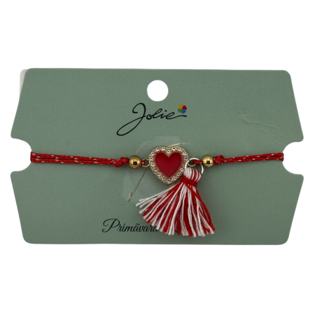 Sub 99 Lei - Martisor Bratara Ciucure, Jolie, Snur Rosu Reglabil, Model Inima Rosie