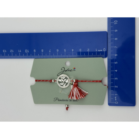 Martisor Bratara Ciucure, Jolie, Snur Rosu Reglabil, Model Trandafir, Argintie [3]