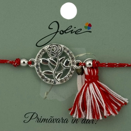 Martisor Bratara Ciucure, Jolie, Snur Rosu Reglabil, Model Trandafir, Argintie [1]