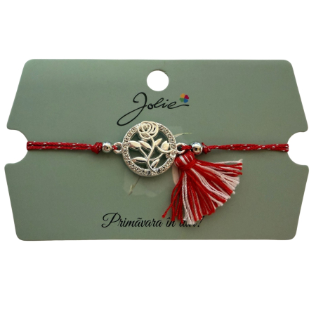 Martisor Bratara Ciucure, Jolie, Snur Rosu Reglabil, Model Trandafir, Argintie [2]
