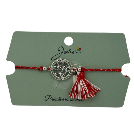 Sub 99 Lei - Martisor Bratara Ciucure, Jolie, Snur Rosu Reglabil, Model Trandafir, Argintie
