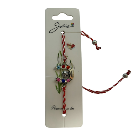 Martisor Bratara cu Snur Alb Rosu Reglabil, Jolie, Model Potcoava Multicolora cu Buburuza, Jolie [2]