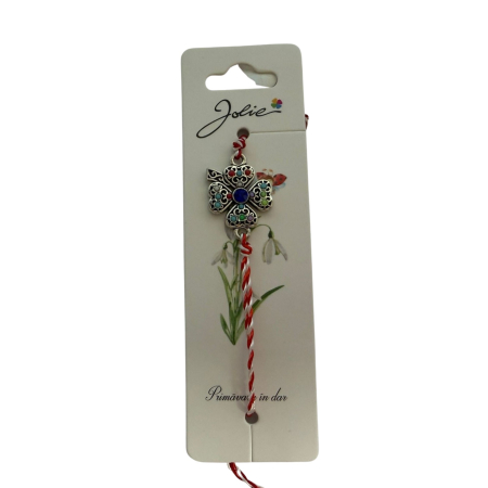 Martisor Bratara cu Snur Alb Rosu Reglabil, Jolie, Model Trifoi cu Patru Foi Multicolor, Jolie [2]