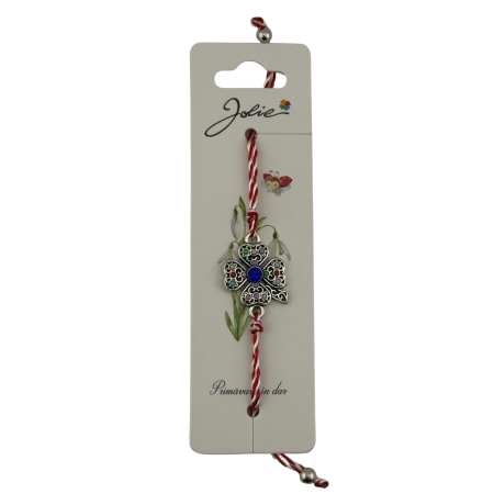 Sub 99 Lei - Martisor Bratara cu Snur Alb Rosu Reglabil, Jolie, Model Trifoi cu Patru Foi Multicolor, Jolie