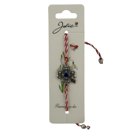 Martisor Bratara cu Snur Alb Rosu Reglabil, Jolie, Model Trifoi cu Patru Foi Multicolor, Jolie [1]