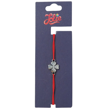 Sub 99 Lei - Martisor Bratara din Inox pentru Copii, Jolie, Textil si Inox, Snur Rosu, Model Trifoi cu Patru Foi, Argintiu