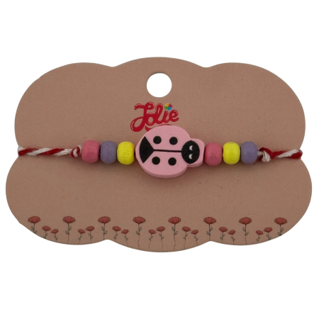 Sub 99 Lei - Martisor Bratara Multicolora pentru Copii, Jolie, din Lemn si Textil, Model Buburuza