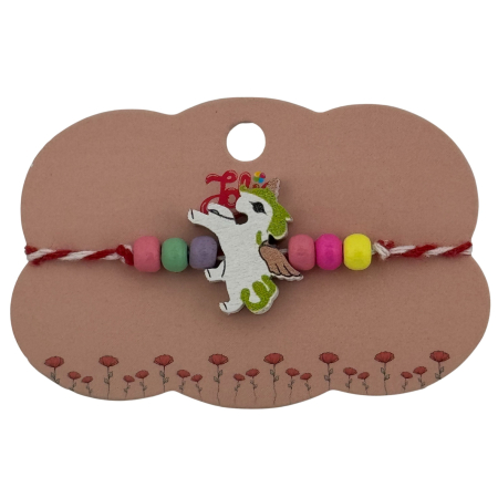 Sub 99 Lei - Martisor Bratara Multicolora pentru Copii, Jolie, din Lemn si Textil, Model Unicorn