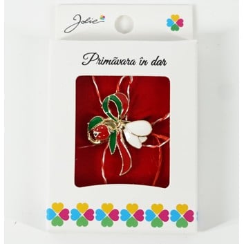 Martisoare Brosa Primavara - Martisor Brosa Mica in Cutie, Dimensiune Brosa 2.5-3 cm, Material Metal, Model Ghiocel cu Fundita Rosu/Verde
