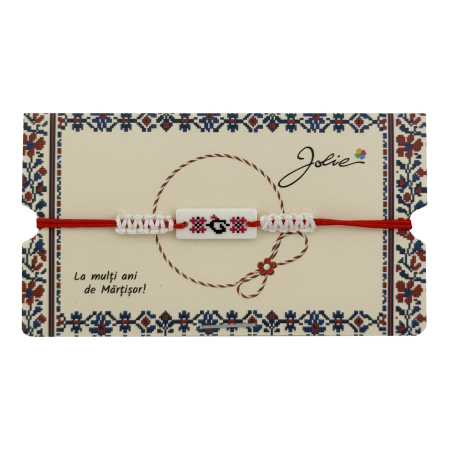 Martisoare Traditionale - Martisor de Tip Bratara Norocoasa, Jolie, Ornament Central cu Motive Populare, Model Alb, Dimensiune Reglabila, Ambalaj Individual cu Design