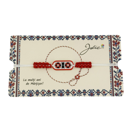 Martisoare Traditionale - Martisor de Tip Bratara Norocoasa, Jolie, Ornament Central cu Motive Populare, Model Rosu, Dimensiune Reglabila, Ambalaj Individual cu Design