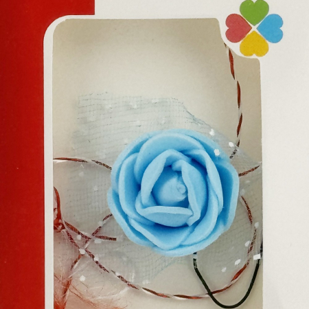 Martisor Motiv Floral, Jolie, Model Trandafir, cu Snur Alb/Rosu, 9 x 5 cm, Albastrsu deschis [1]