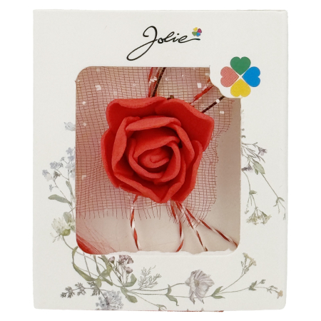 Sub 99 Lei - Martisor Motiv Floral, Jolie, Model Trandafir, cu Snur Alb/Rosu, 9 x 5 cm, Rosu