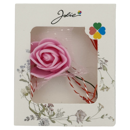 Sub 99 Lei - Martisor Motiv Floral, Jolie, Model Trandafir, cu Snur Alb/Rosu, 9 x 5 cm, Roz